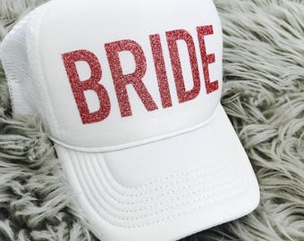 Bachelorette Hat / BRIDE Pink Glitter Trucker Hat / Bachelorette Party Hats / Brides Gift / Bride Squad hats / Bride Tribe hats