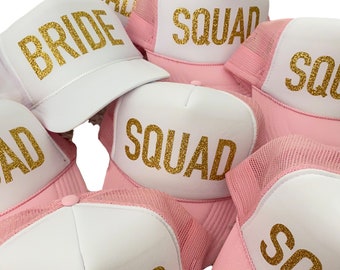 Bachelorette Party SQUAD Glitter Hats / Bride Squad Hats, #VACAY BRIDE Squad Tribe Gold Glitter Trucker Hats