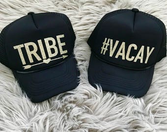 Trucker Hat #VACAY - Gold Glitter Trucker Hat  // Bachelorette Party, Bridal Shower, Bride to be, bride tribe, Pink glitter, Tribe, Squad