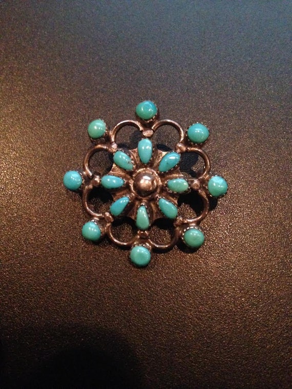 Zuni Indian Turquoise Petit Point Silver Pin Brooc