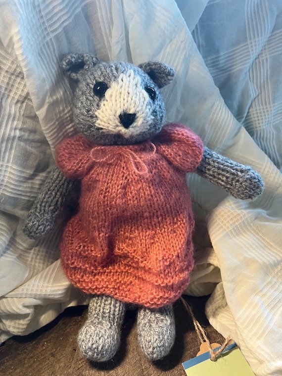 Hand Knit Cat Doll - Grey & White Ms. Kitty With Pink Dress - Etsy