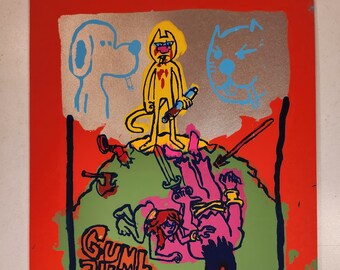 May include: A colorful, hand-drawn illustration of a cat with a knife, a dog, and a cat. The cat is standing on a green hill with a red, blue, and green background. The text "Gumb all head The Cat... BOOT LEG Dark Lord Day '24" is printed in pink and blue.