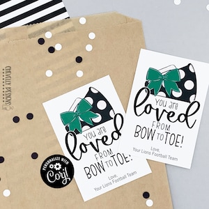 Etiquetas de regalo editables para animadoras - Megáfono con lazo verde y negro para animadoras - Archivo digital imprimible / HT282d