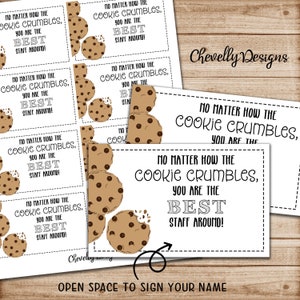 May include: Four printable cards with a cookie design and the text "No matter how the cookie crumbles, you are the best staff around!"  The cards are white with black text and a brown cookie graphic.  The cards are designed for appreciation and recognition.