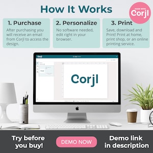 May include: A desktop computer displays the word "Corjl" on its screen, with instructions on how to use the service. The image includes a lamp, a pen holder, a coffee cup, and a plant. The text "Try before you buy!" and "Demo link in description" are also visible.
