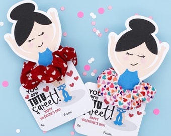 Printable Ballet Scrunchie Valentine Cards - Black Haired Ballerina - VAL038-BlkHair
