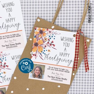 May include: A Thanksgiving greeting card with a floral design and a photo of a woman. The card includes the text "Wishing you a Happy Thanksgiving" and a personalized message with the name "Cori!" and the text "It's an honor to help you with your real estate needs!"  The Best Home Realty 479.555.5555.