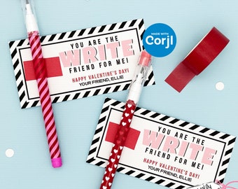 May include: Two printable Valentine's Day cards with black and white stripes and red hearts. The cards say "You are the Write Friend for Me!" and "Happy Valentine's Day!"