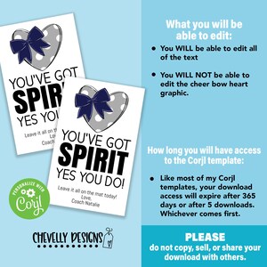 May include: Two printable signs with a gray heart with white polka dots and a blue bow. The text on the signs reads "You've Got Spirit Yes You Do!" and includes the text "Leave it all on the mat today! Love, Coach Natalie".