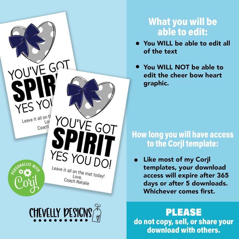 May include: Two printable signs with a gray heart with white polka dots and a blue bow. The text on the signs reads "You've Got Spirit Yes You Do!" and includes the text "Leave it all on the mat today! Love, Coach Natalie".