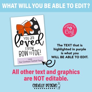 May include: A printable design for a card that says "You are loved from bow to toe!" with a black and white polka dot cheerleader megaphone and a red bow. The text "Love, Your Cowboys Football Team" is in purple.