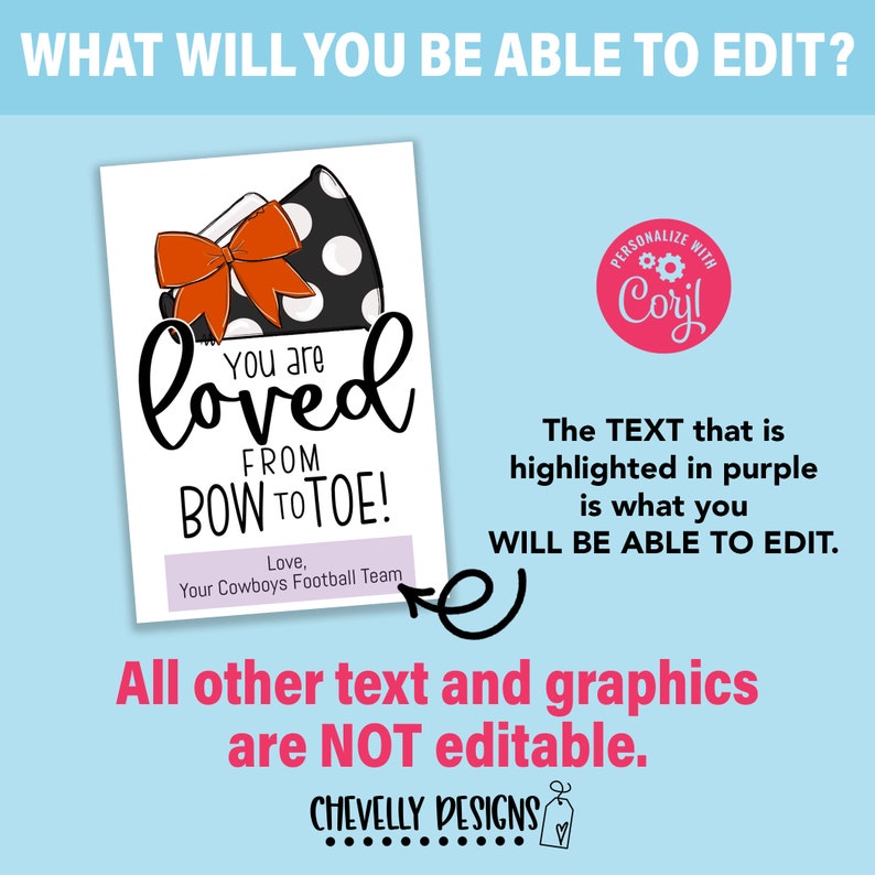 May include: A printable design for a card that says "You are loved from bow to toe!" with a black and white polka dot cheerleader megaphone and a red bow. The text "Love, Your Cowboys Football Team" is in purple.