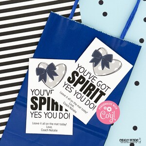 May include: Two white gift tags with a gray heart with white polka dots and a blue bow. The text on the tags reads "You've Got Spirit Yes You Do! Leave it all on the mat today! Love, Coach Natalie".