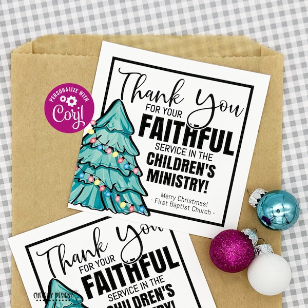 EDITABLE - Gracias por su fiel servicio - Etiquetas de regalo de agradecimiento del ministerio infantil de Navidad - Archivo digital imprimible HTX064