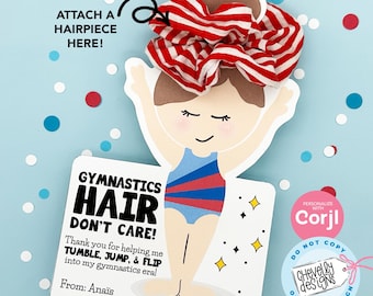 EDITABLE - Printable Gymnastics Scrunchie Party Favor - Gymnastic Hair Don't Care - Light Skin - Digital File - MISC010b