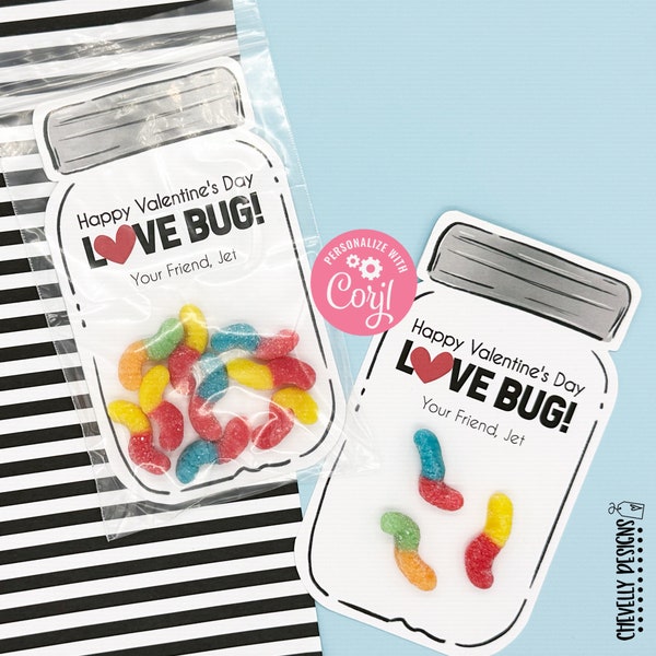 EDITABLE - Love Bug Valentine Mason Jar Printable - Class Valentine's Day Cards - Digital File - VAL056