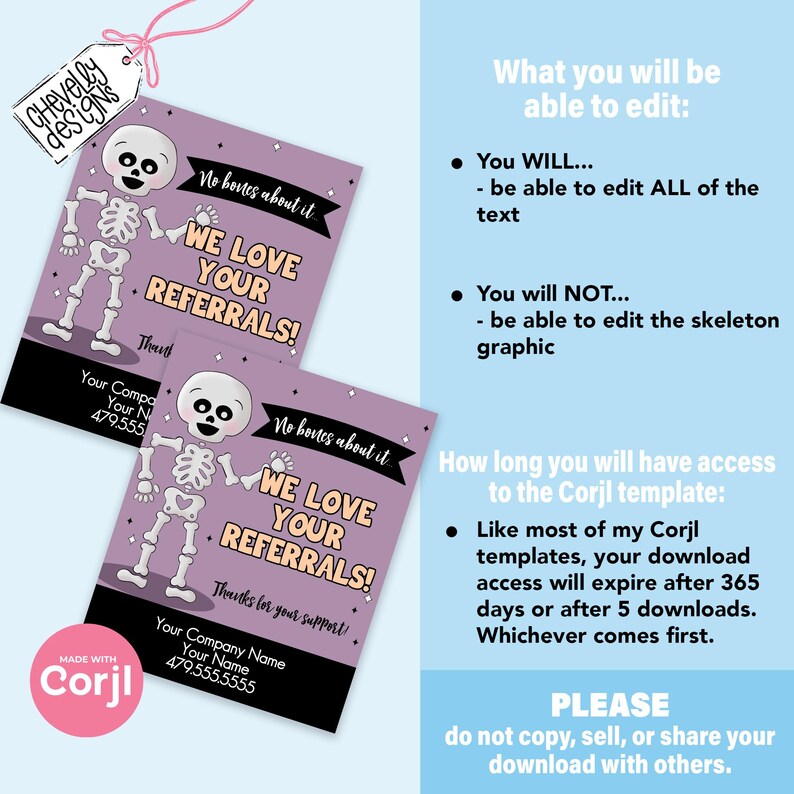 May include: Two purple and black printable cards with a skeleton graphic and the text "No bones about it! We love your referrals!"  The cards are designed for businesses to thank customers for referrals.