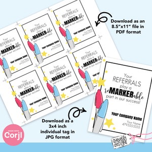 May include: A printable 3x4 inch tag with a colourful design featuring two highlighters and stars. The text reads "Your Referrals Play a reMARKERable Part in Our Success!" with a space for your company name and phone number.  Download as a 3x4 inch individual tag in JPG format or as an 8.5x11 inch file in PDF format.