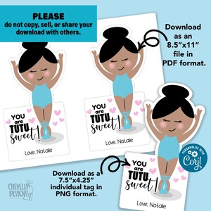 May include: A set of ballet-themed stickers featuring a cartoon ballerina in a blue leotard and ballet shoes. The stickers have the text "You are Tutu Sweet!" and are available in PDF and PNG formats. The stickers are 7.5" x 4.25" and 8.5" x 11".