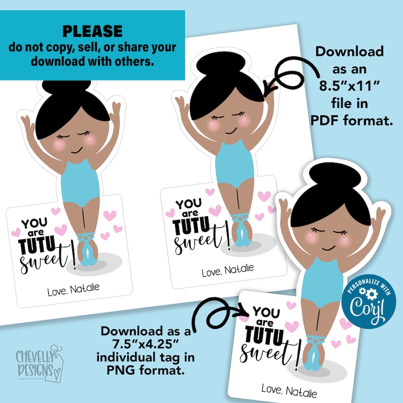 May include: A set of ballet-themed stickers featuring a cartoon ballerina in a blue leotard and ballet shoes. The stickers have the text "You are Tutu Sweet!" and are available in PDF and PNG formats. The stickers are 7.5" x 4.25" and 8.5" x 11".