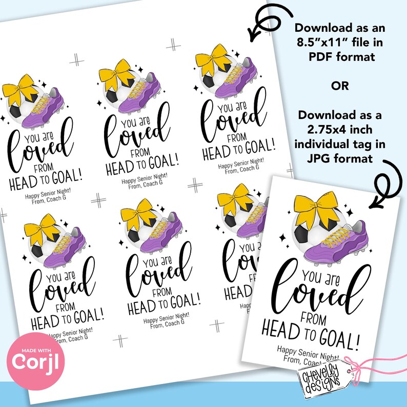 Cleated Tags EDITABLE - Gift Tags for Girls Soccer Team - Yellow Gold and Purple ...