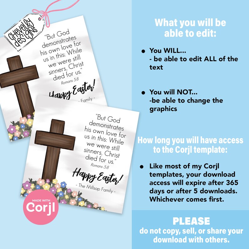 Puede incluir: Dos tarjetas de Pascua imprimibles con una cruz de madera marr&oacute;n y flores rosas y blancas. El texto en las tarjetas dice "Pero Dios demuestra su amor por nosotros en esto: Cuando todav&iacute;a &eacute;ramos pecadores, Cristo muri&oacute; por nosotros." Romanos 5:8 &iexcl;Feliz Pascua!"