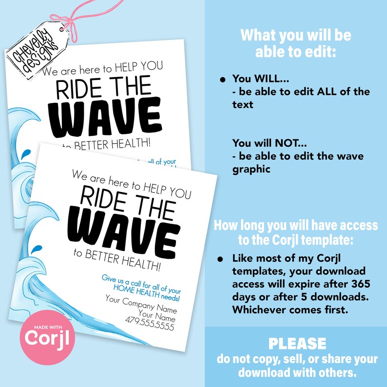 May include: A blue and white printable template for a home health business card. The card features a wave graphic and the text "Ride the Wave to Better Health!"  Give us a call for all of your home health needs! Your Company Name. Your Name. 479.555.5555.