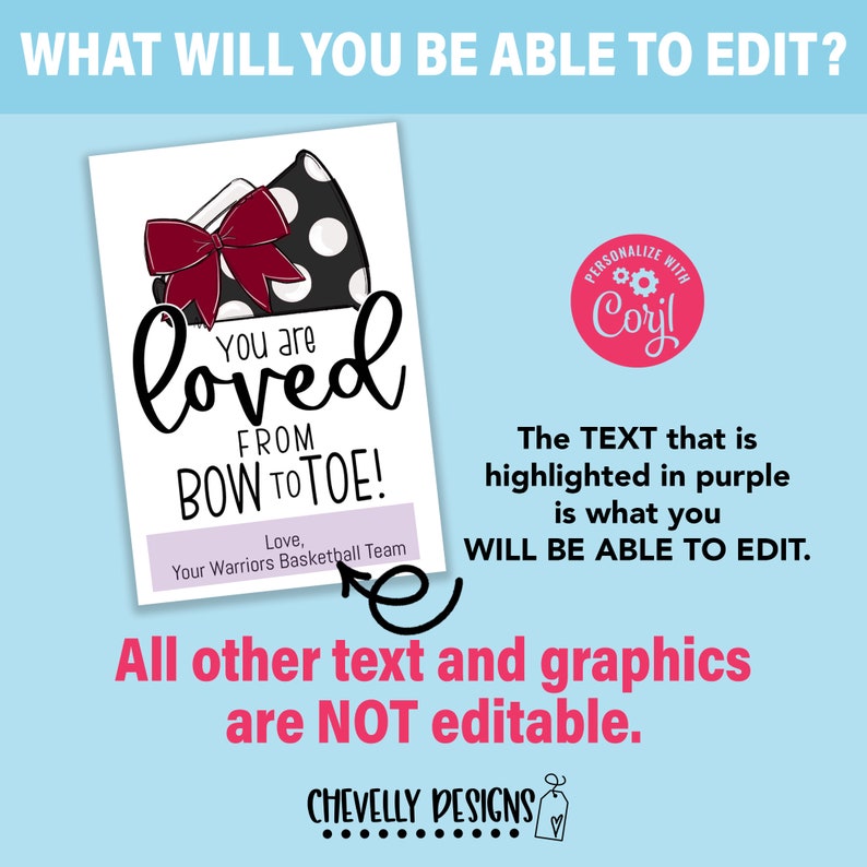 K&ouml;nnte beinhalten: Ein druckbares Design f&uuml;r eine Karte mit dem Text "You are loved from bow to toe!" mit einer schwarz-wei&szlig;en Polka-Dot-Schleife und einem roten Band. Der Text "Love, Your Warriors Basketball Team" ist in Lila.