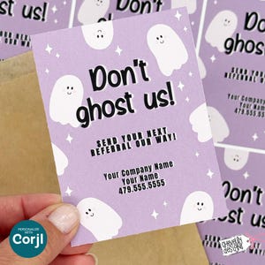 May include: A lavender business card with the text "Don't ghost us!" and cute ghost illustrations. The card also includes space for company and contact information. The design is playful and suitable for Halloween or a spooky theme.