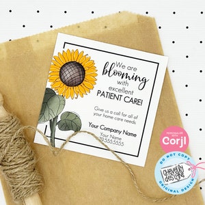 Editable Sunflower Referral Gift Tag - Rise and Shine with Home Healthcare - summer - Printable Digital File HT004