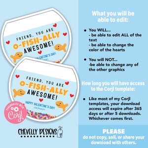 May include: Two printable Valentine's Day cards featuring a fishbowl with a goldfish and the text "Friend, you are O-fish-ally awesome!"  The cards are personalized with the names "Jackson" and "[Name]" and the text "Happy Valentine's Day!"
