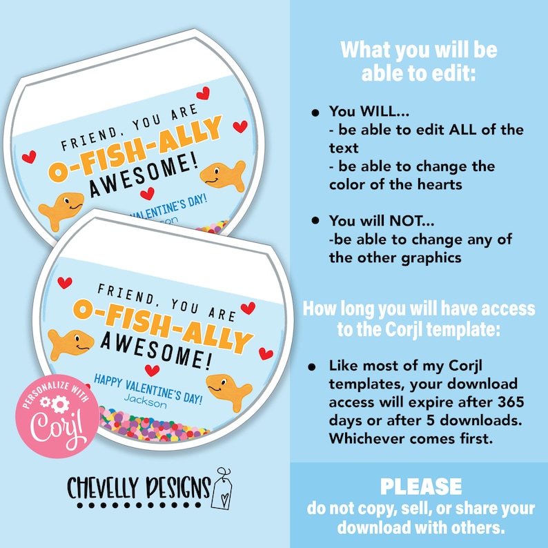 May include: Two printable Valentine's Day cards featuring a fishbowl with a goldfish and the text "Friend, you are O-fish-ally awesome!"  The cards are personalized with the names "Jackson" and "[Name]" and the text "Happy Valentine's Day!"