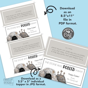 Pu&ograve; includere: Biglietto di Pasqua stampabile con sfondo grigio e un'illustrazione disegnata a mano di una pietra che viene rotolata via da una tomba con una croce. Il testo recita "La pietra &egrave; stata rotolata via! Buona Pasqua! Da, Sig.ra Savannah".