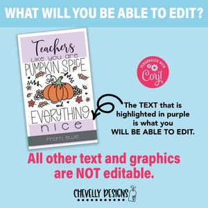 May include: A printable card with a pumpkin spice theme. The text "Teachers like you are pumpkin spice and everything nice" is in purple. The text "From Ellie" is in gray. The card is decorated with a pumpkin, leaves, and flowers.