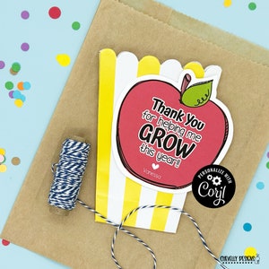 May include: A red apple with a white and yellow striped popcorn box. The apple has a message that says "Thank You for helping me GROW this year!" with the name "Vanessa" written below. The apple is on a brown paper bag with a roll of twine and confetti.