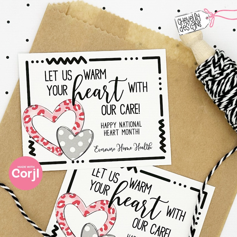 May include: A white card with black text and a pink and gray heart design. The text reads "Let us warm your heart with our care! Happy National Heart Month! Evermore Home Health".