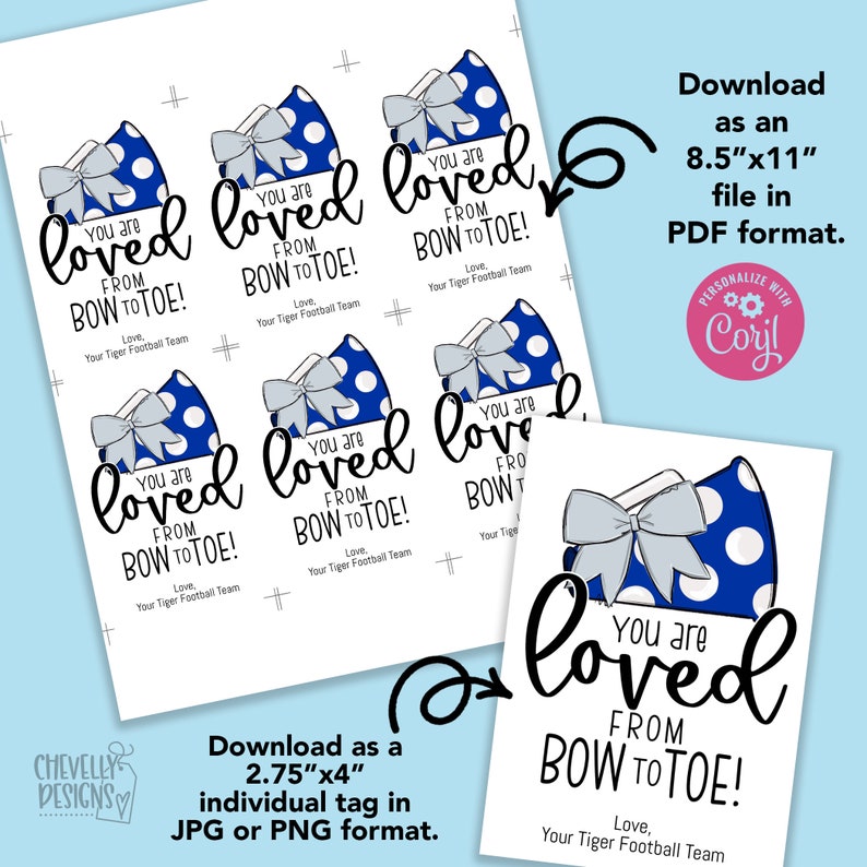 Puede incluir: Descarga PDF imprimible de 8,5 x 11 pulgadas de seis etiquetas de regalo de 2,75 x 4 pulgadas con un lazo azul y blanco con lunares y el texto "You are loved from bow to toe! Love, Your Tiger Football Team".
