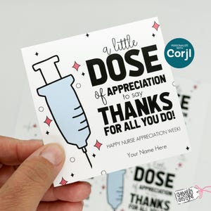 Bearbeitbarer Geschenkanhänger für die Krankenschwester - Spritzendesign - "Eine kleine Portion Dankeschön" zum ausdrucken - Nurse Week Geschenk - Vorlage, Download HT068