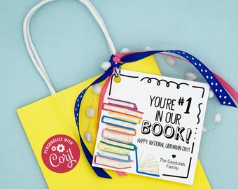 Editable -  You&#39;re Number 1 in our Book - Librarian Appreciation Gift Tags - Printable Digital File - HT322