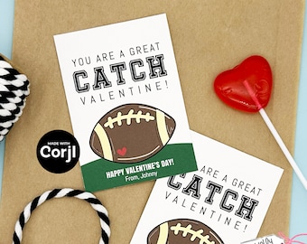 EDITABLE - You are a Great Catch Valentine - Football, Sports, Student Class Party Cards - Printable Digital File - VAL069