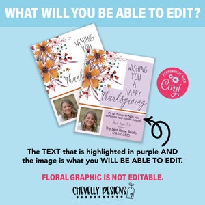 May include: A Thanksgiving greeting card with a floral design in shades of orange, pink, and purple. The text reads "Wishing you a Happy Thanksgiving." It's an honor to help you with your real estate needs! Your Name Here. The Best Home Realty. 479-555-5555. The text is editable.
