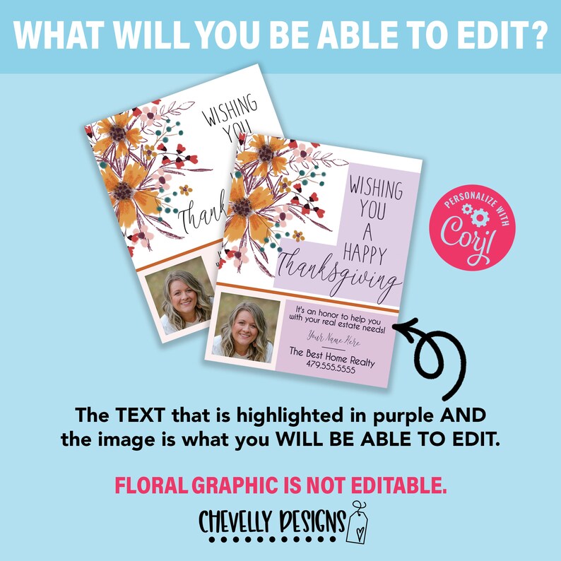 May include: A Thanksgiving greeting card with a floral design in shades of orange, pink, and purple. The text reads "Wishing you a Happy Thanksgiving." It's an honor to help you with your real estate needs! Your Name Here. The Best Home Realty. 479-555-5555. The text is editable.
