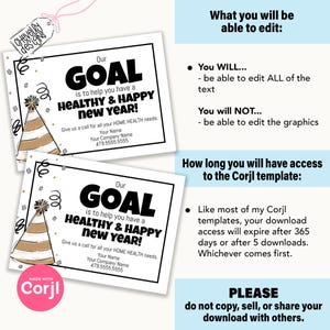 May include: A printable New Year's card featuring a gold and white party hat and confetti. The text reads "Our Goal is to help you have a Healthy & Happy New Year!" and includes space for a business name, phone number, and a personalised message.