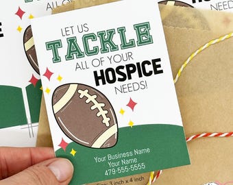 Editable Printable Referral Marketing Gift Tags, Let Us Tackle Your Hospice Needs, Football Theme HT033