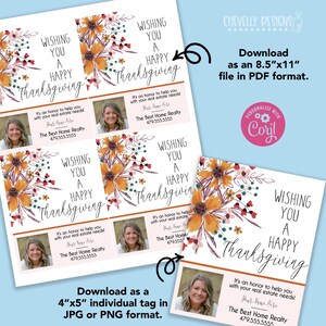 May include: Four printable Thanksgiving greeting cards featuring a floral design with fall colors, a photo placeholder, and the text "Wishing you a Happy Thanksgiving". It's an honor to help you with your real estate needs! Your Name Here. The Best Home Realty 479.555.5555.