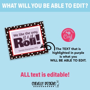 Op de afbeelding: Een printbare kaart met een zwart-witte stippenachtergrond. De kaart zegt "We like the way you Roll!" in paarse tekst. De tekst "Gamble Elementary PTO" staat in kleinere zwarte tekst. De kaart is bewerkbaar en kan worden gepersonaliseerd met de tekst "Coryl".