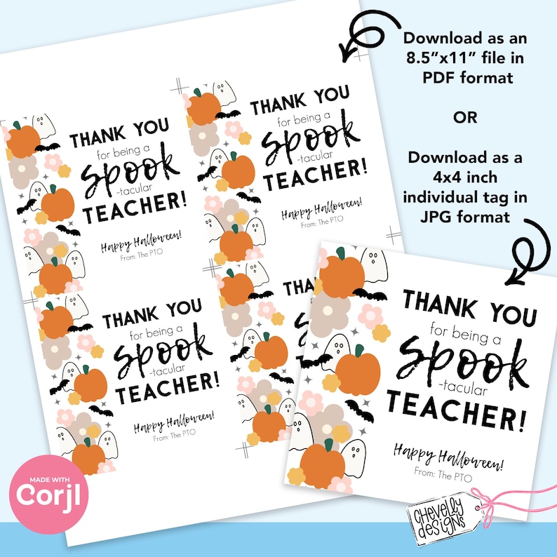 Pu&ograve; includere: Etichette di apprezzamento per insegnanti di Halloween stampabili con un tema spettrale. Le etichette presentano un design di zucca, fantasma e pipistrello con il testo "Grazie per essere un insegnante fantastico! Buon Halloween! Dal PTO".
