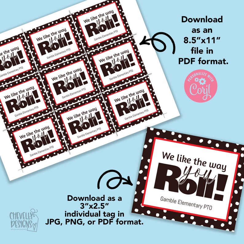 Op de afbeelding: Printbare 8,5 x 11 inch vel met 3 x 2,5 inch labels met een zwart-witte stippenachtergrond. De labels zeggen "We like the way you Roll!" in zwart en rood met de woorden "Gamble Elementary PTO" eronder.