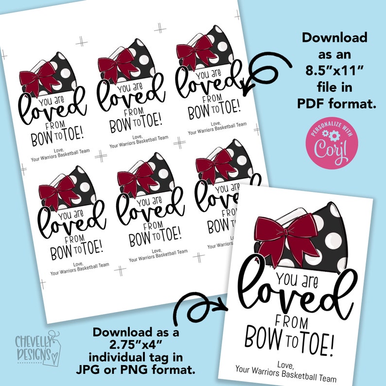 K&ouml;nnte beinhalten: Druckbare PDF-Tabelle mit Geschenkanh&auml;ngern im Format 8,5 x 11 Zoll mit einer schwarz-wei&szlig;en Polka-Dot-Schleife mit rotem Band. Die Anh&auml;nger sagen "You are loved from bow to toe!" mit dem Text "Love, Your Warriors Basketball Team".