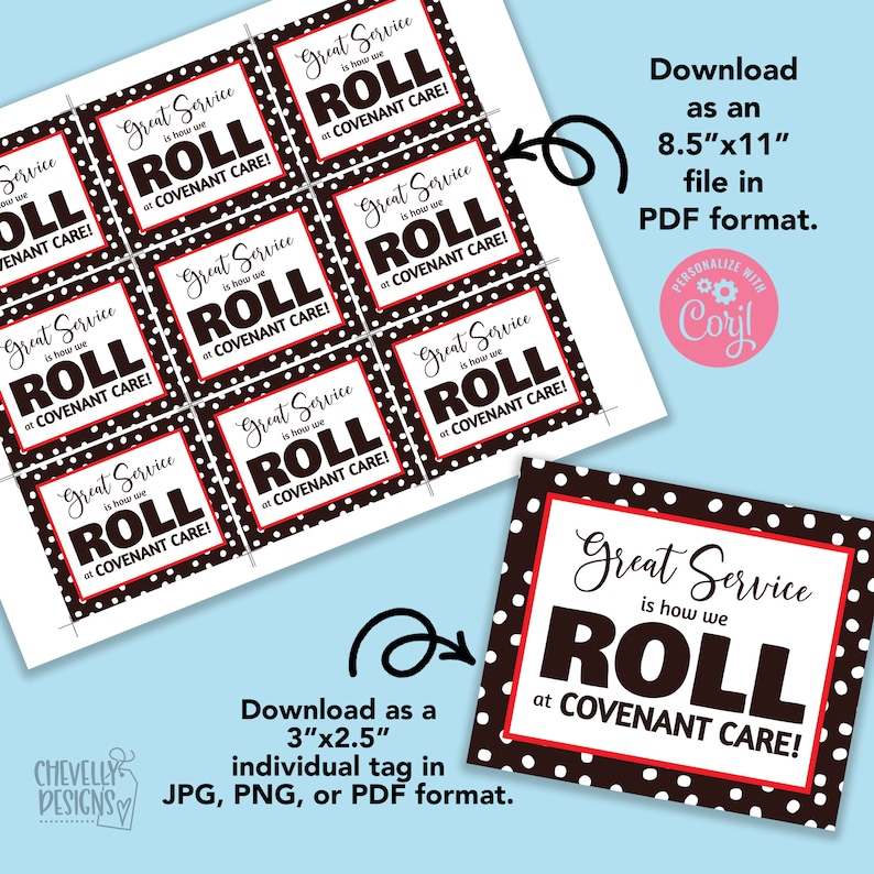 Editable - Great Service is How We Roll - Gift Tags - Printable Digital File - HT056 image 3